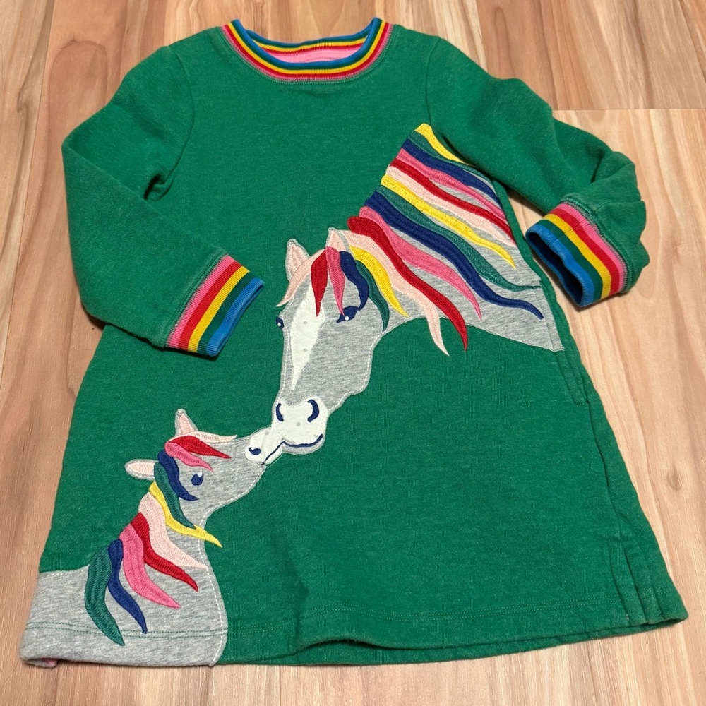 Mini Boden Green Dress with Rainbow Horse Appliqué